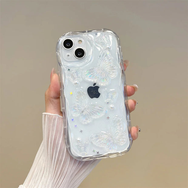 3D Butterfly Crystal Bling Glitter Clear Case for iPhone 15/14/13/12/11 Pro Max, X/XR/XS Max - Shining Star Pearl Wave Cover