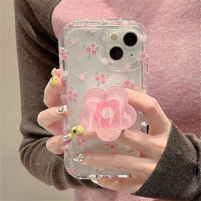 Cute Quicksand Pink Flower Holder Phone Case for iPhone 15/14/13/12/11 Pro Max, Plus - INS Korea Girl Stand Floral Clear Soft Cover