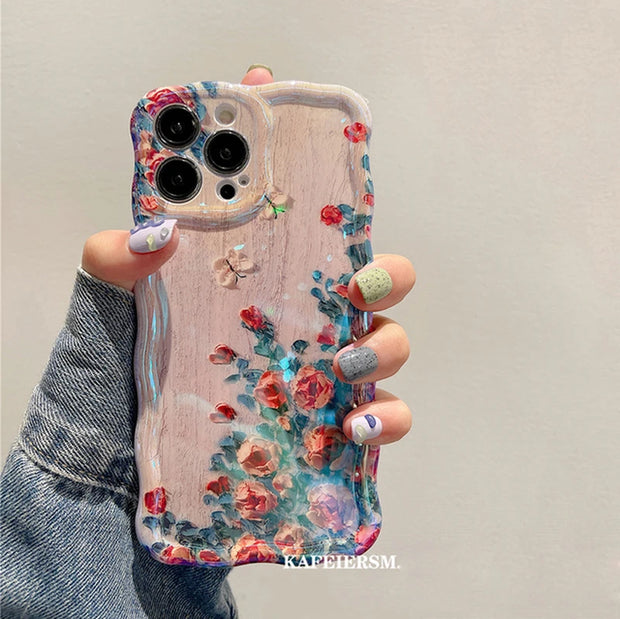 Luxury Laser Blue Light Flowers Phone Case for iPhone 14/13/12/11 Pro Max, 14 Pro, 13 Pro - Shockproof TPU Soft Silicone Cover