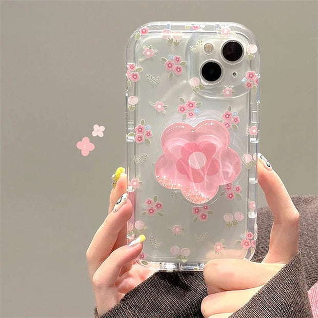 Cute Quicksand Pink Flower Holder Phone Case for iPhone 15/14/13/12/11 Pro Max, Plus - INS Korea Girl Stand Floral Clear Soft Cover